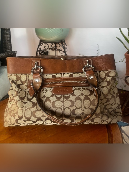 Coach Handbags - Coach Brown and Cream Signature Canvas Tote with Leather Trim